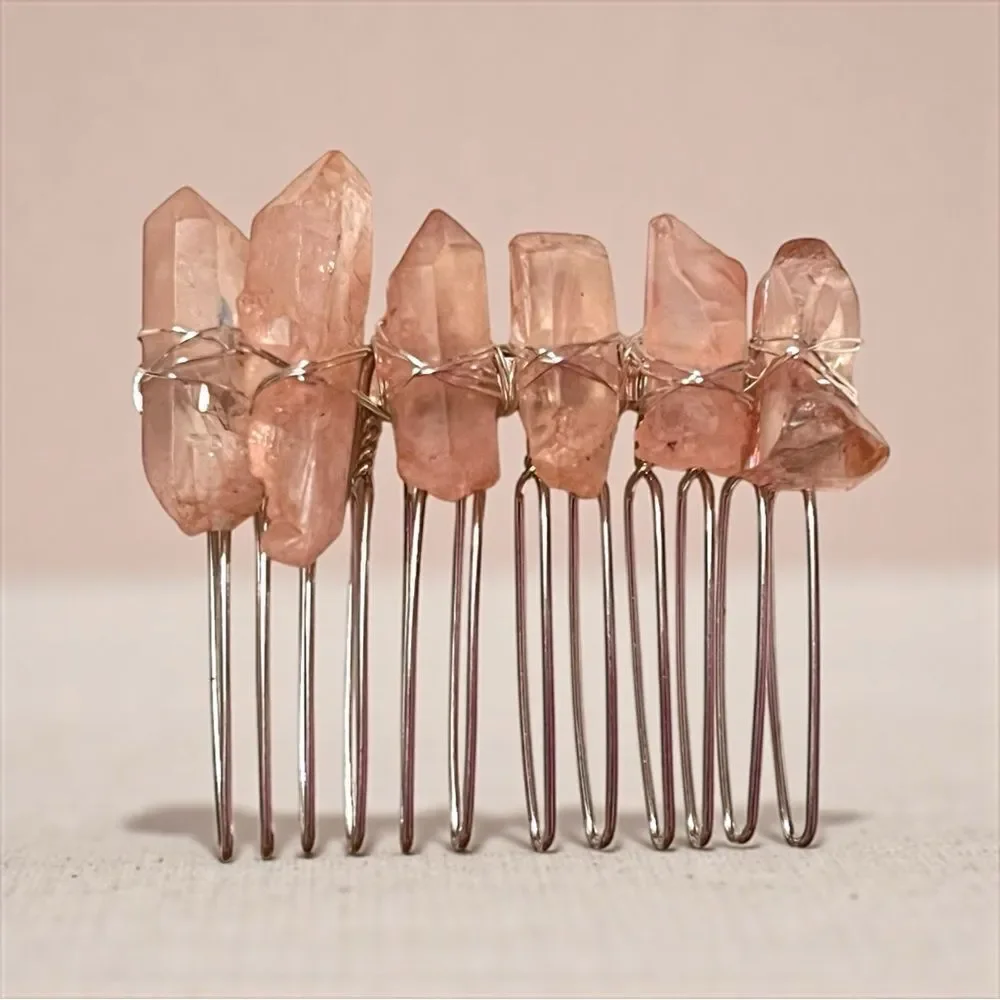 Handmade Genuine Rose Quartz Crystal Hair Comb